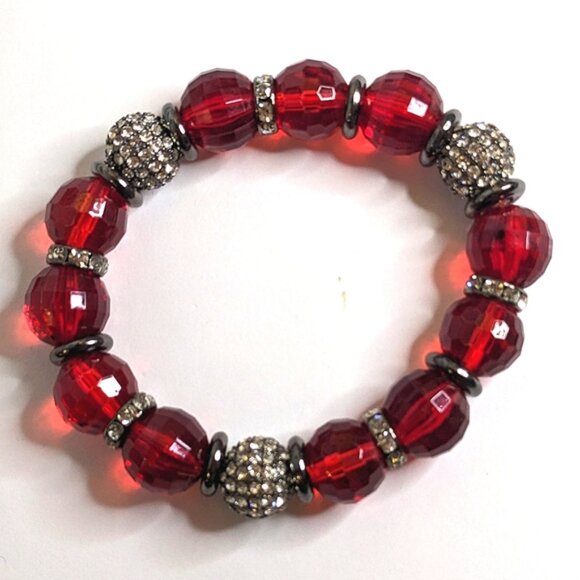 Stunning Red Glass and Rhinestone Stretch Bracelet - Picture 1 of 8